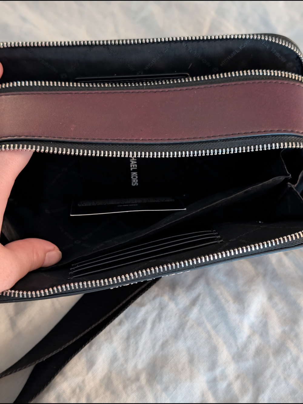 Michael Kors Men's MK Raised Logo Burgandy Burnished Leather Crossbody Bag - Picture 10 of 14